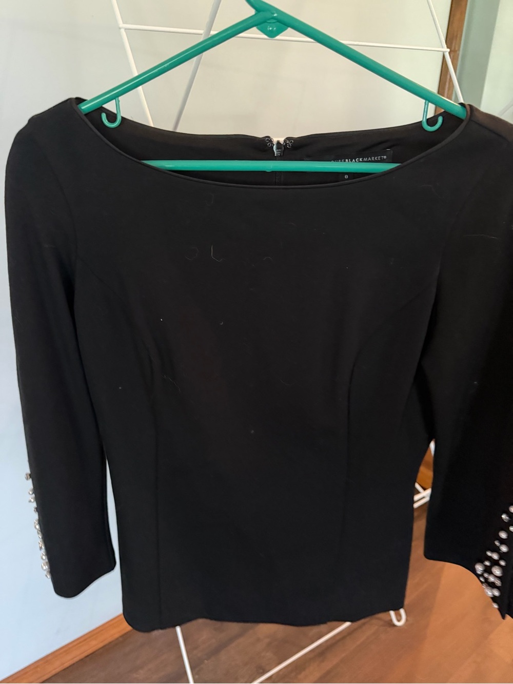 White House Black Market Black Boatneck Top Pearl-Embellished Sleeves size 0